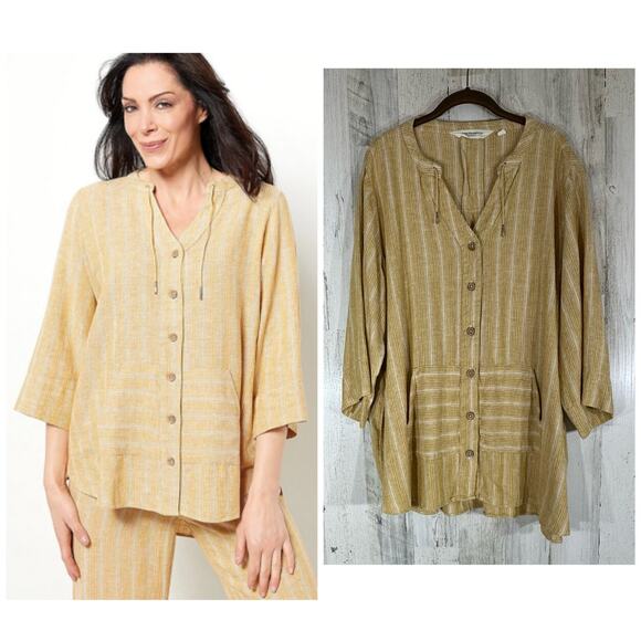 BridgeHampton Isaac Mizrahi Button Up Tunic Size 2X Marigold Stripe Linen Blend - Picture 1 of 7